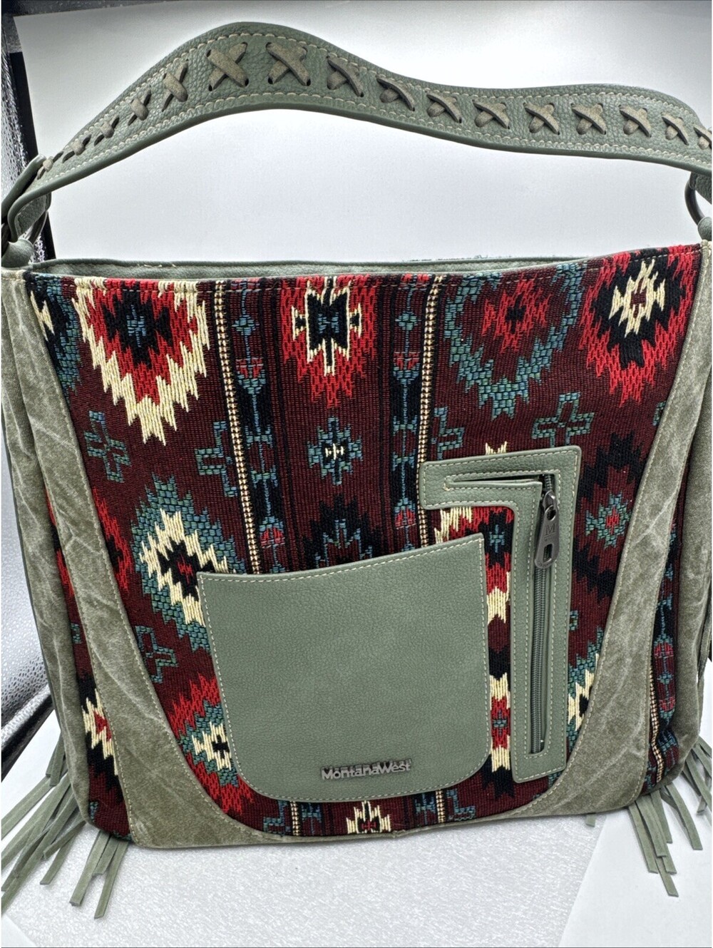 Montana West Aztec Tapestry Concealed Carry Hobo Large Shoulder Bag Green Fringe